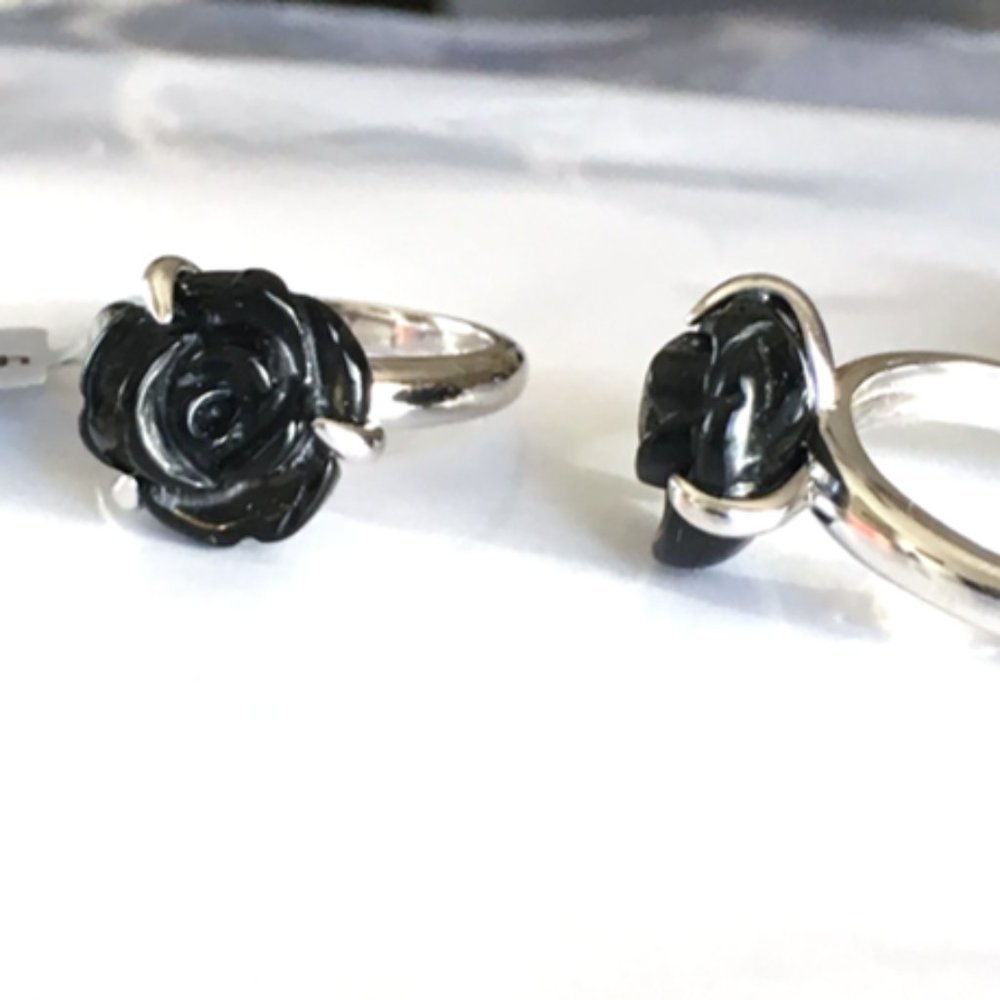 Black Obsidian Carved Flower Ring .925 Sterlng Silver Size 5 or 7 Natural Gem - Picture 9 of 9